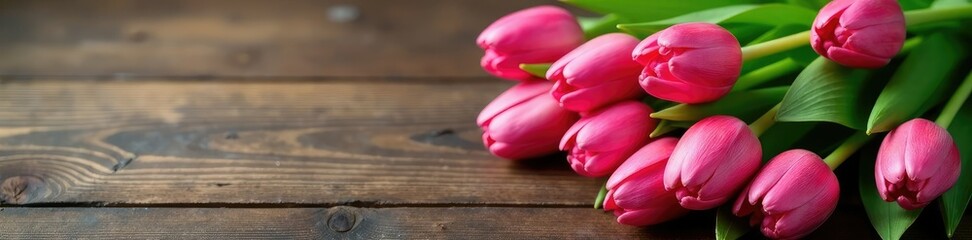 Obraz premium Tulip bouquet in shades of pink and green on a wooden table, wooden, flowers