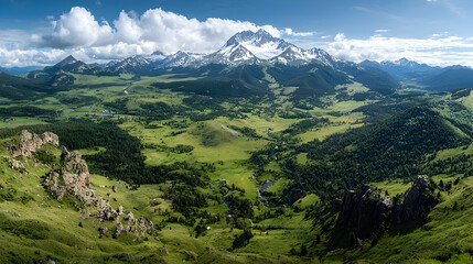 Naklejka premium Majestic mountain vista, valley panorama, sunny day, green landscape, travel poster