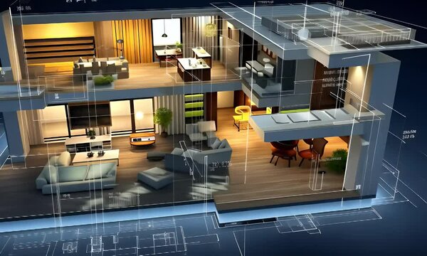 Smart home design, cutaway, 3D model, blueprint, interior