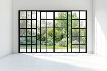 Fototapeta premium An empty room with a white floor and a large window in a new, modern house in Thailand. The room has a black frame, and a garden is visible outside.