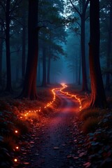 Obraz premium Twinkling lights along winding forest path at night, shadows, , halloween decorations