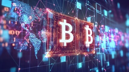 Blockchain technology wording on futuristic hud background with polygon world map and blockchain peer to peer network. Network, e-business and global cryptocurrency blockchain business banner concept