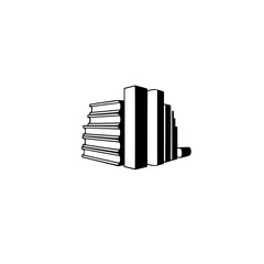 Minimalist Monochrome Illustration of Stacked Books and Standing Books, Library Concept.