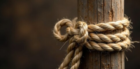 Twisted brown rope in a bow tied around a wooden post, brown jute, texture