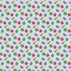 A seamless pattern featuring colorful vegetables such as tomatoes, carrots, cabbage, eggplant, and bell peppers. Bright and fresh digital illustration, perfect for prints, fabric, wallpapers, and eco