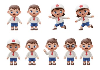 3D Character Set of Happy Cartoon Schoolboy Illustrations in Uniform with Hat and Glasses, Perfect for Educational and Children's Content
