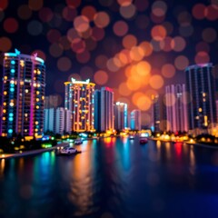 Fototapeta premium Sunny isles beach apartment condo hotel buildings during dark evening night illuminated colorful colors in miami florida with skyscrapers abstract bokeh background circles Bokeh light lights backg
