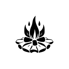 A stylized black-and-white logo of a stylized fire with a central flame and floral motif.