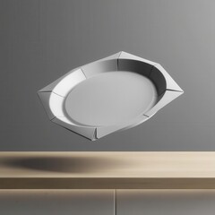 A minimalist ashtray design hovering above a wooden surface, showcasing modern aesthetics.