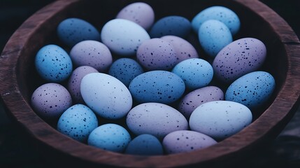 Bowl Full of Pastel Colored Speckled Eggs Artistic Still Life Composition with Rustic Wooden Setting