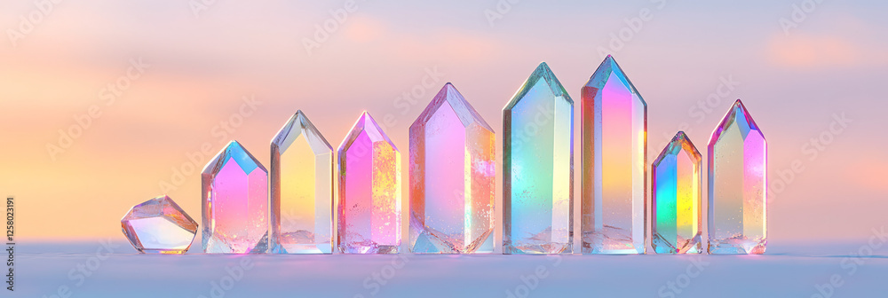 Poster A mesmerizing cluster of transparent, prismatic crystals sprouting gradually, sparkling with