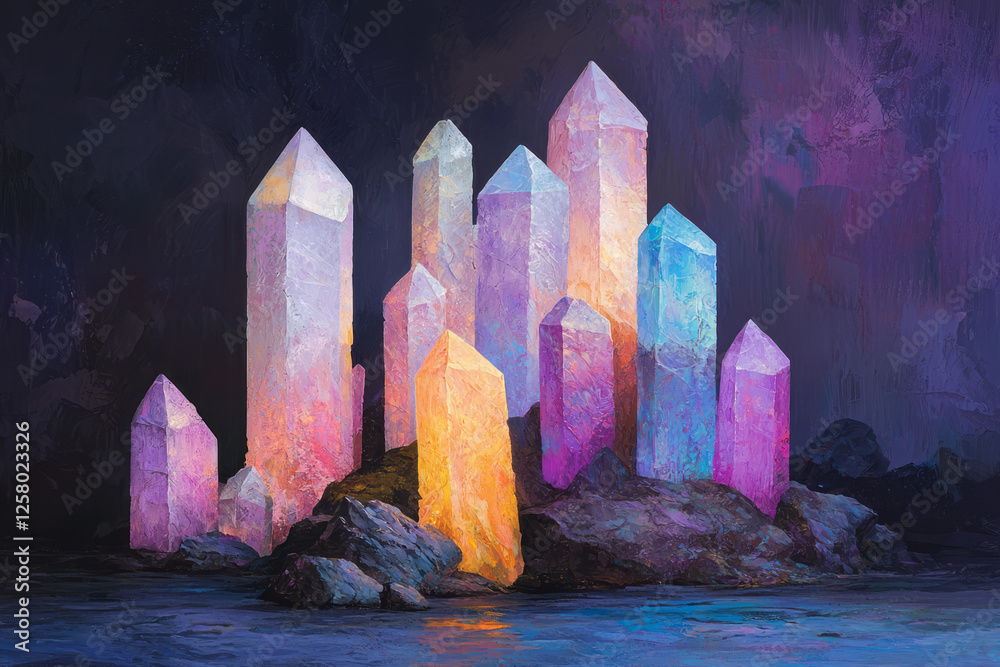 Poster crystalline structures emerging from a metallic floor, each layer radiating a faint glow, evoking a