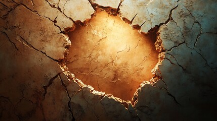 Naklejka premium Glowing orange light bursts through cracked earth dramatically. AI Generated