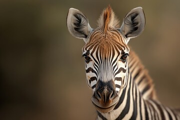 Naklejka premium Close-up view of a zebra showcasing its unique patterns in a natural habitat during golden hour
