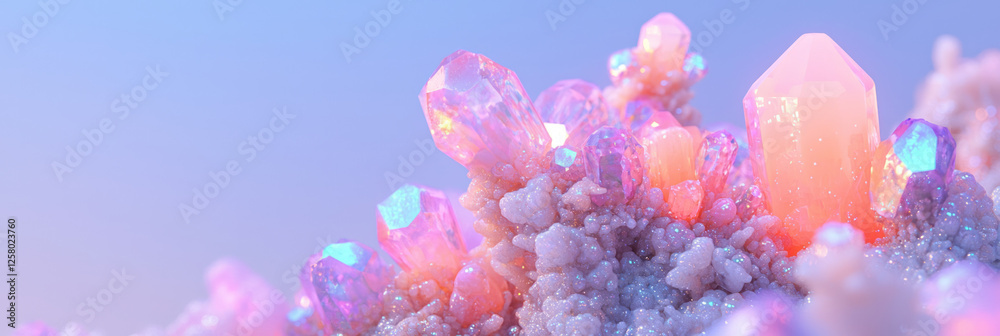 Poster alien crystals sprouting in layered clusters, their shimmering faces evolving under fluorescent