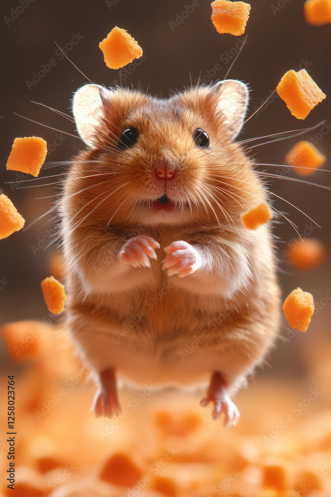 Poster a fun shot of a hamster energetically running on a bright wheel, with bits of carrot drifting in