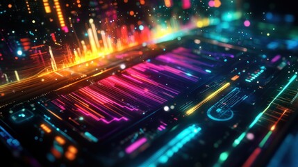 Fototapeta premium High-tech DJ spectrum music interface with vibrant neon rainbow waves, holographic elements background wallpaper AI generated image