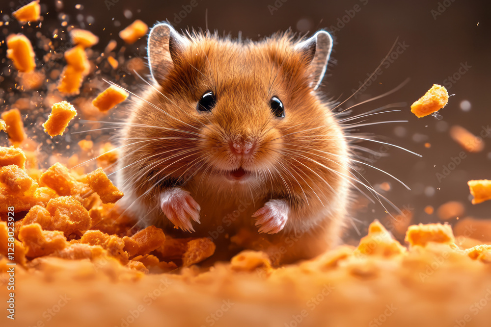Poster a dynamic angle capturing the hamsterâ€™s high-speed run, with a flurry of bright orange carrot