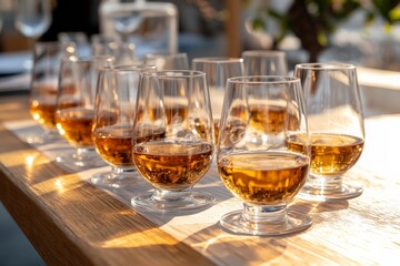 Enjoying a whiskey tasting experience with various glasses lined up at sunset