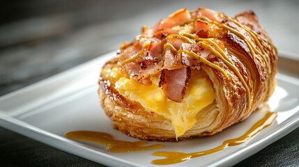 A crisp and golden ham and cheese croissant, placed on a white plate with a drizzle of honey mustard glaze, isolated elegantly