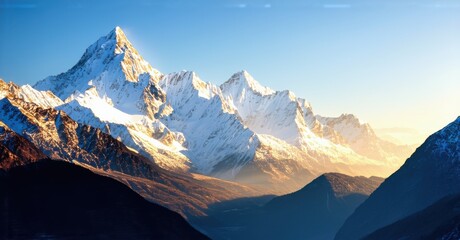 Fototapeta premium Snow-capped mountains under golden light, symbolizing happiness glowing even in the cold, captured in bright, colorful hues, evoking warmth and serenity in a serene landscape