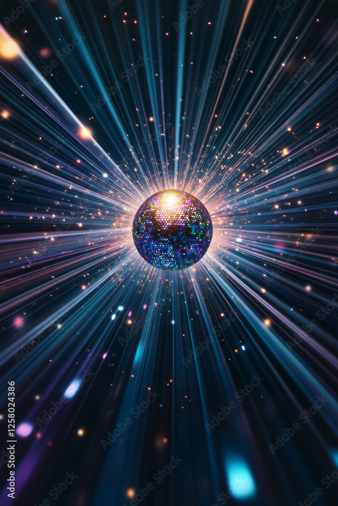 Aufkleber a close-up of a single shimmering disco ball, scattering multicolored light beams in all directions