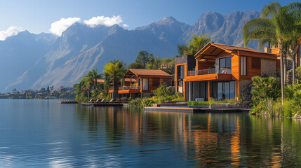 Fototapeta premium Luxury vacation resort with beautiful villas and stunning mountain views at Lake Dunker in the Caribbean style, a panoramic shot of the hotel near the lake with villa houses, wooden house buildings