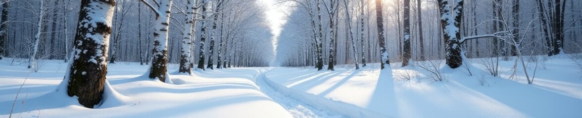 Obraz premium Bare birch-like trunks rise from the snow like nature's own sculptures, snow, rugged terrain, frosty
