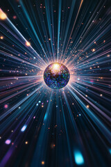 A close-up of a single shimmering disco ball, scattering multicolored light beams in all directions