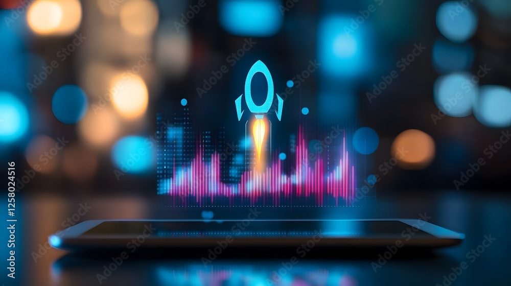 Poster digital rocket launch with data visualization on tablet screen