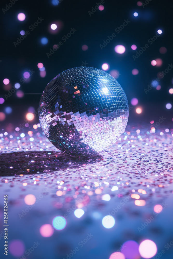 Poster a nostalgic lounge setting, bathed in twinkling rainbow sparkles from a shining disco ball rotating