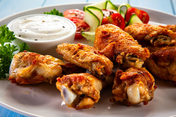 Baked chicken wings with white dressing and fresh salad on wooden table	