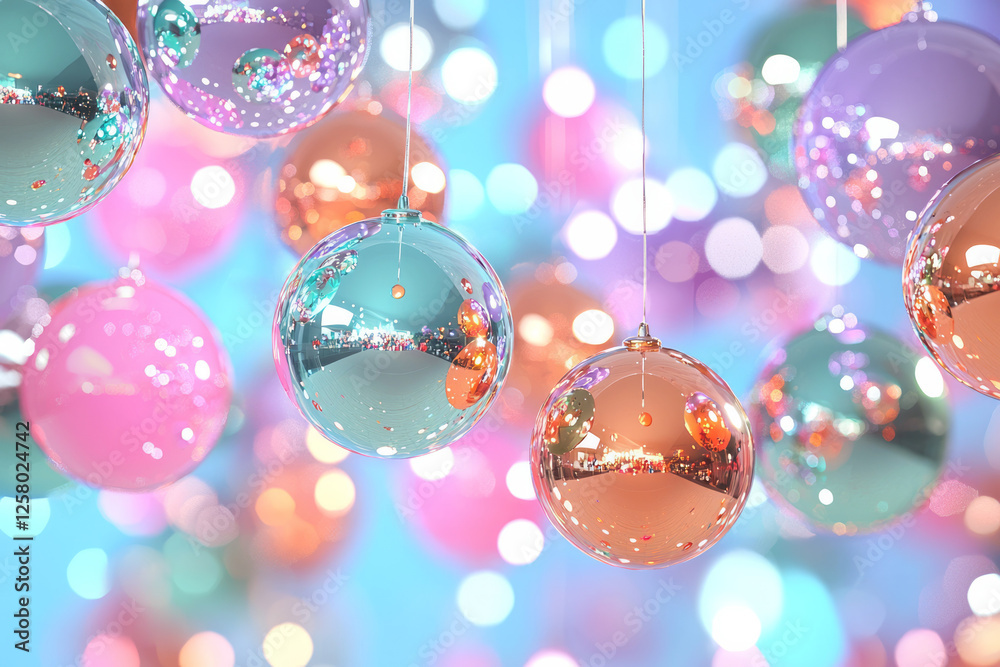 Aufkleber a glimmering overhead array of disco balls reflecting lively color bursts onto partygoers, crafting