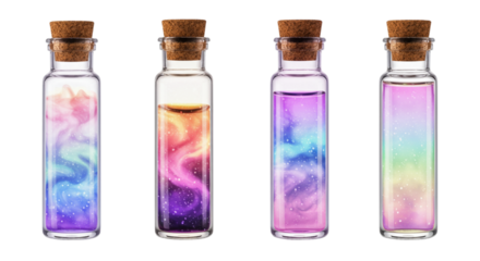 Four Colorful Cosmic Glass Bottles with Whimsical Nebula Designs
