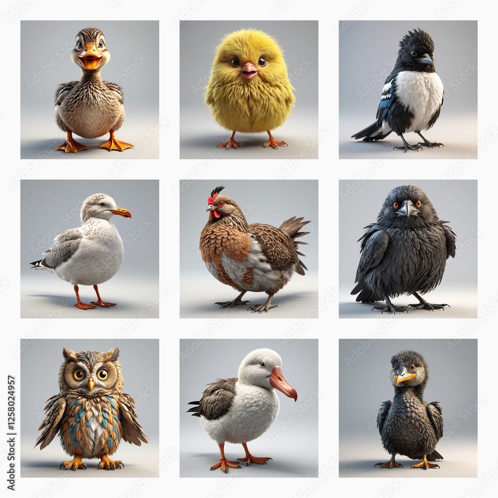 Poster Cute 3D bird models of various species are displayed against a simple studio backdrop, showcasing their diverse avian features.