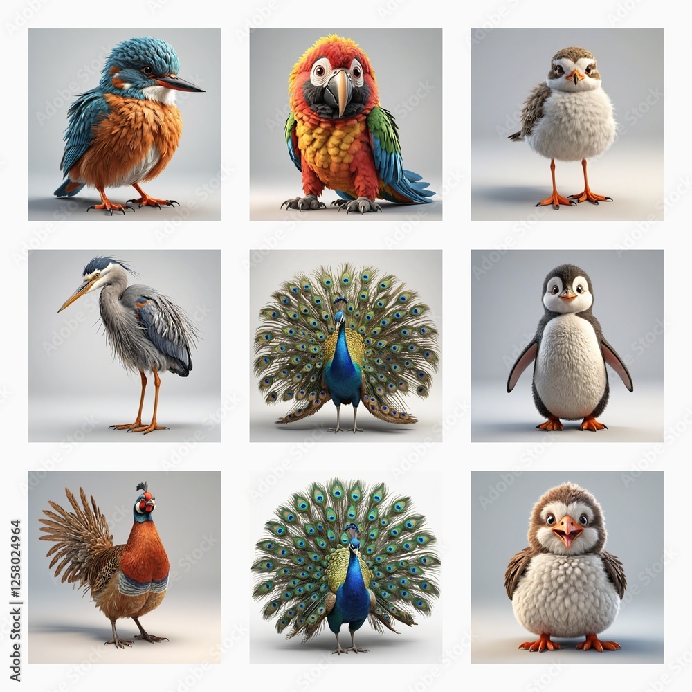 Poster cute 3d bird models showcase a variety of avian species. colorful plumage and expressive poses make 