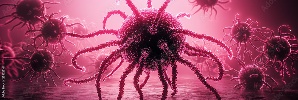 Poster a cinematic still of a radiant crimson virus in motion, dynamic arcs of light shooting through each