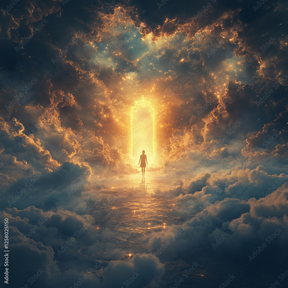 Wall mural unlocking new realms with generative ai while standing before a golden doorway in a celestial landsc