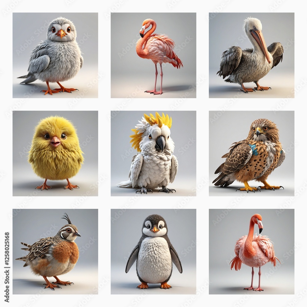 Aufkleber Cute 3D bird models showcase various species in a charming style.  A collection of adorable avian figures in a soft and fluffy digital rendering.