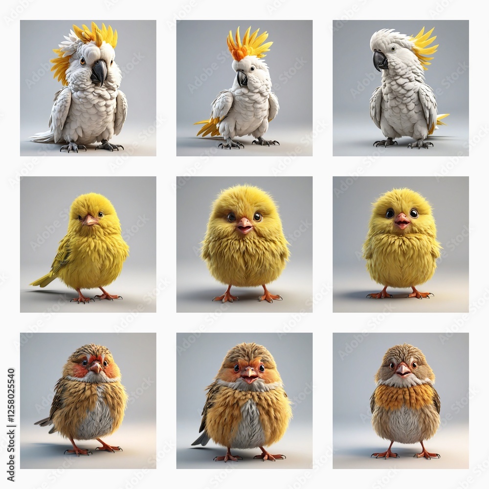 Poster A grid showcases nine cute 3D bird models. Different bird types and colors are rendered in a simple, clean style.