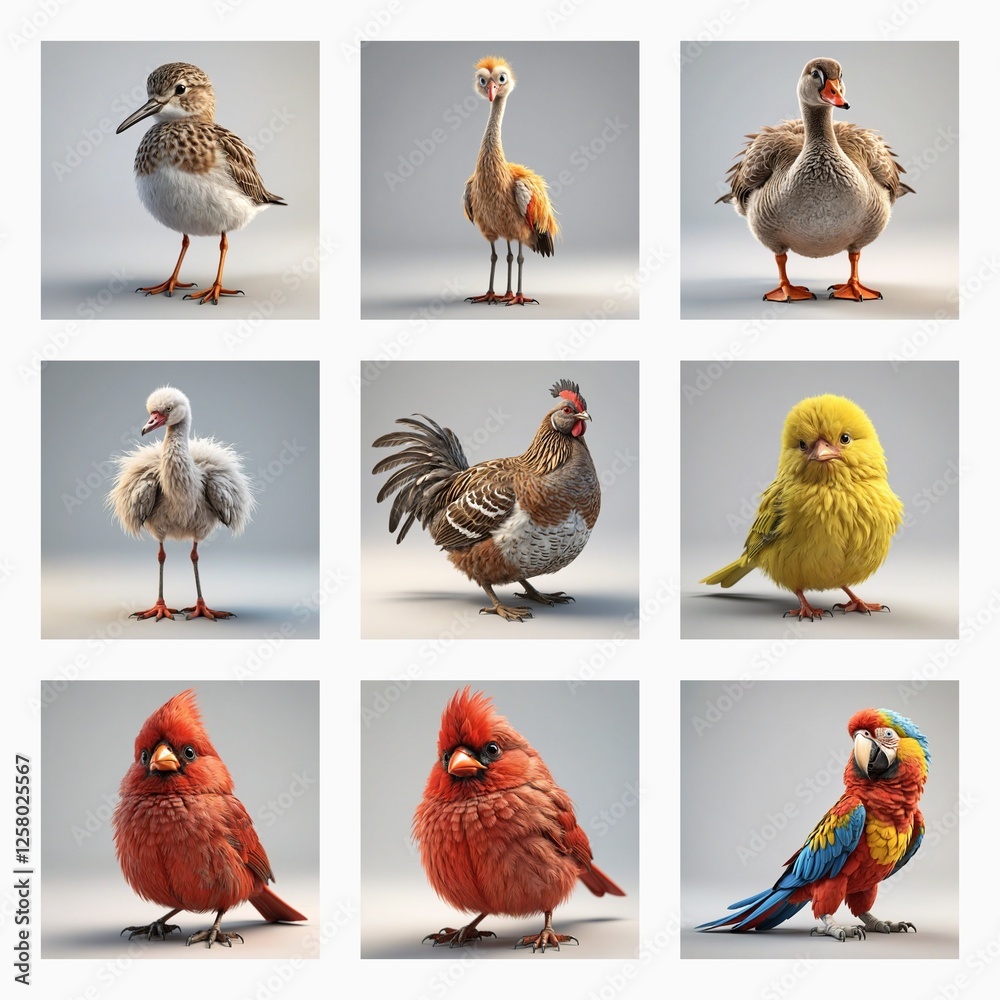 Aufkleber Cute 3d bird models in a simple studio setting. Various avian species are showcasing detailed feathers and realistic textures.