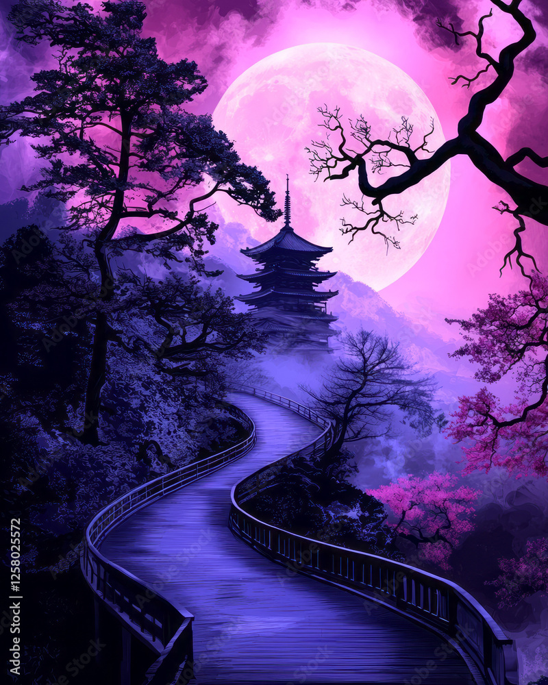 Poster a contemplative nightscape capturing a full moonâ€™s gentle glow, highlighting the contours of a