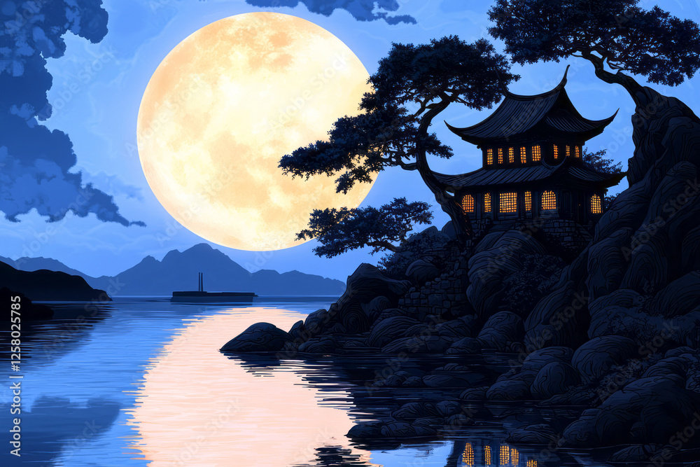 Poster a meditative study of quiet waters reflecting moonlight, with the pagodaâ€™s gentle glow adding a