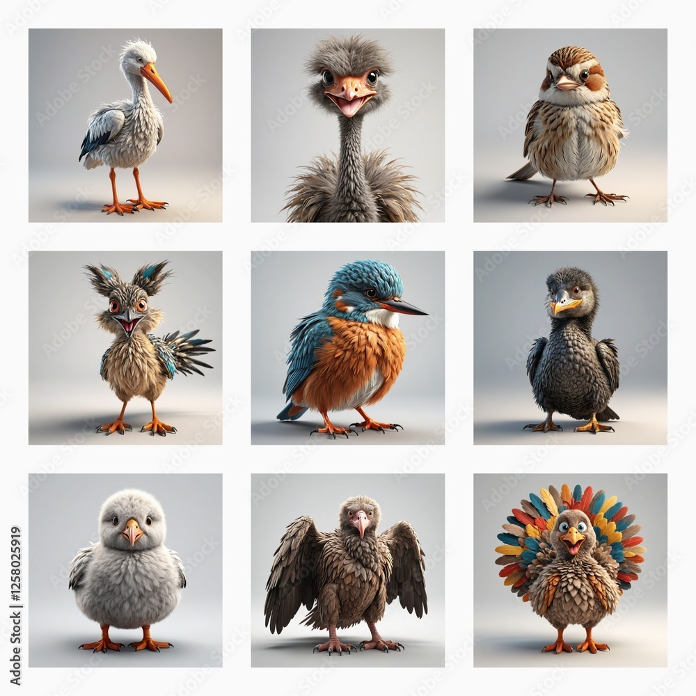 Poster a collection of nine cute 3d bird models, showcasing diverse avian species in a clean, simple studio