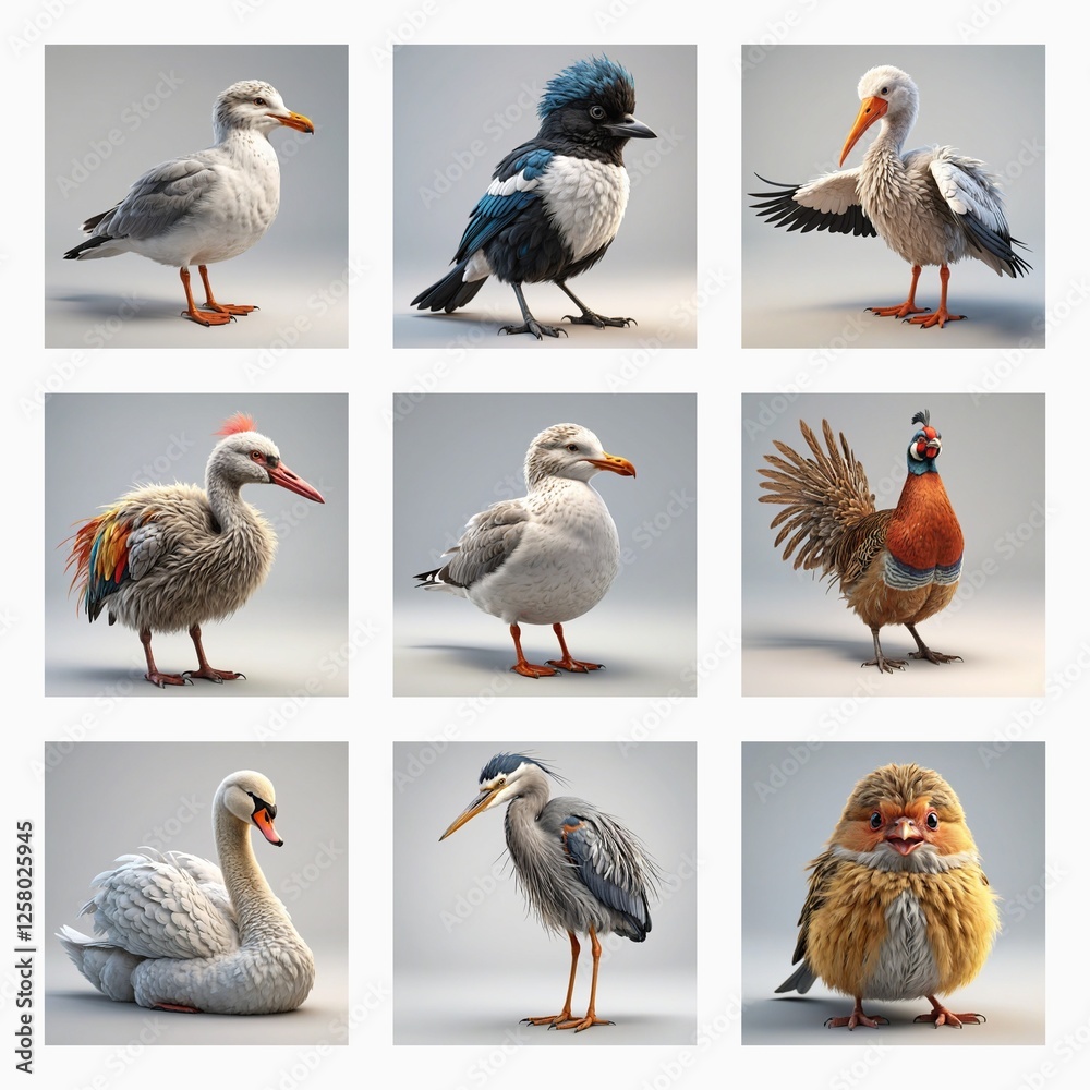 Poster Nine cute 3d bird models are arranged in a grid, showcasing diverse avian species in various poses and appearances.