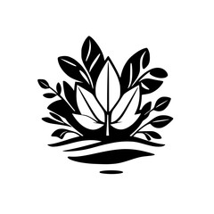 Black and White Emblem of Nature: A stylized, minimalist illustration of leaves in a clean, monochrome composition, with the plants growing in the foreground.