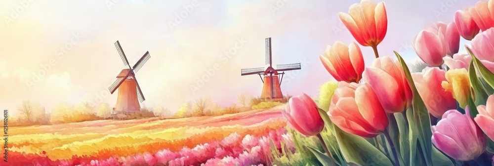 Poster colorful watercolor depiction of vibrant tulip fields with windmills during a sunny spring day. gene