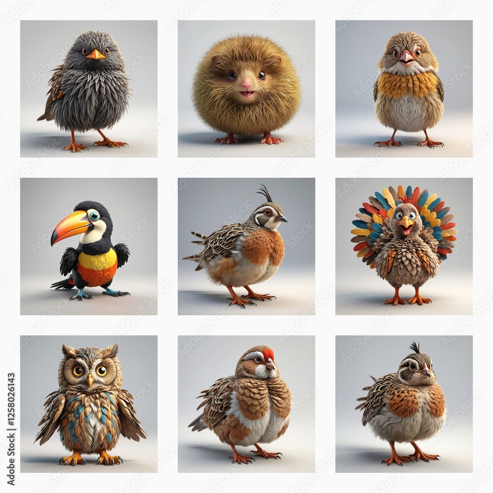Poster Cute 3d bird models arranged in a grid format.  A collection of fluffy and cartoonish avian creatures, each a unique and soft digital animal.
