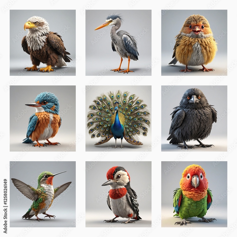 Poster nine cute 3d bird models showcase diverse avian species in digital illustrations, each standing agai
