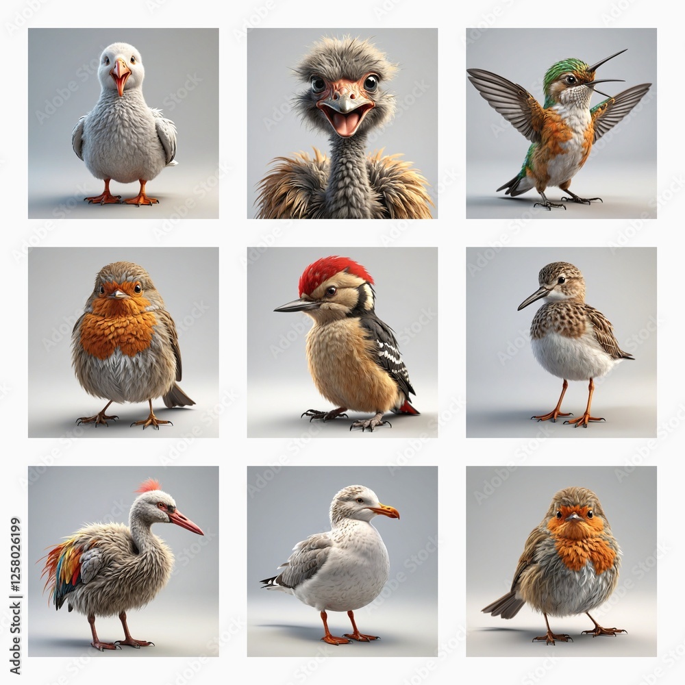 Poster A collection of cute 3d bird models featuring diverse avian species. Digitally rendered birds with varying plumage and features.